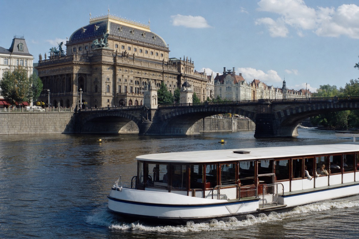 Sightseeing cruise boat passing the National Theatre on the Vltava in daylight