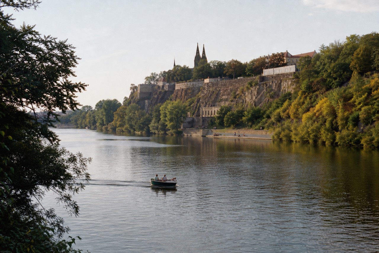 Sightseeing boat on the Vltava passing under Charles Bridge with Prague Castle on the hill behind