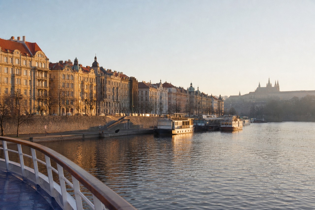 Daytime panoramic view of Prague's Old Town roofs, Charles Bridge and the castle from a boat on the Vltava