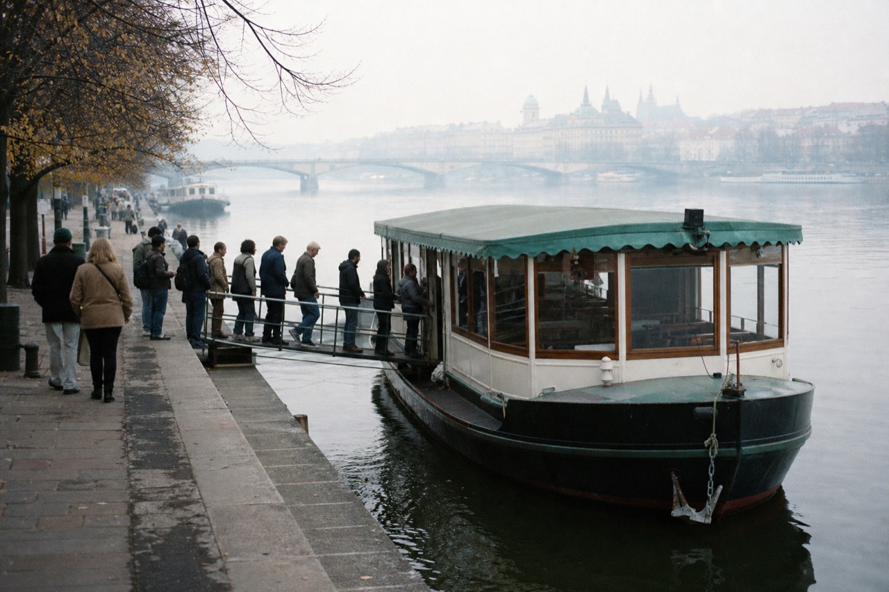 Open-top sightseeing boat on the Vltava passing beneath Charles Bridge with Prague Castle on the hill behind, no branding visible