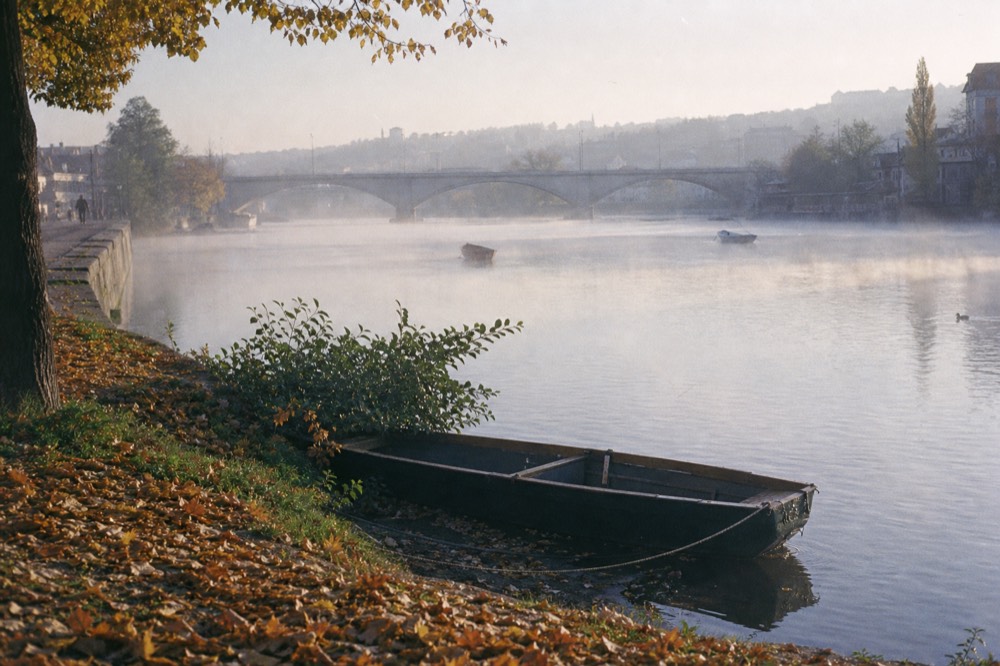 Golden autumn leaves along the riverside embankment, thin mist rising off the water at dawn