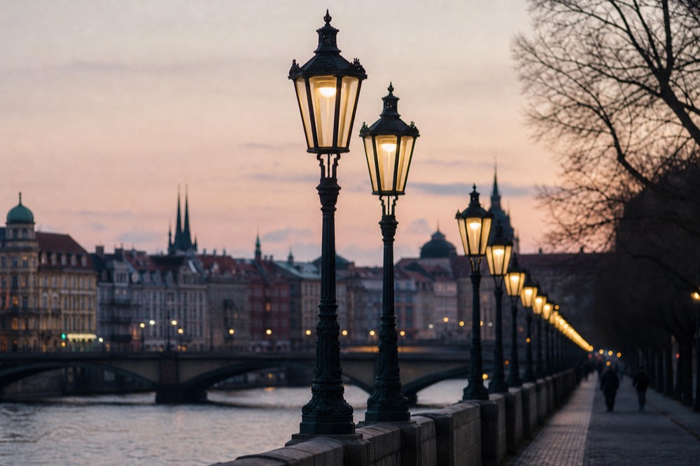 A row of ornate cast-iron riverside lamps just switching on at dusk along the embankment, Old Town facades softly blurred behind them, no boats in frame