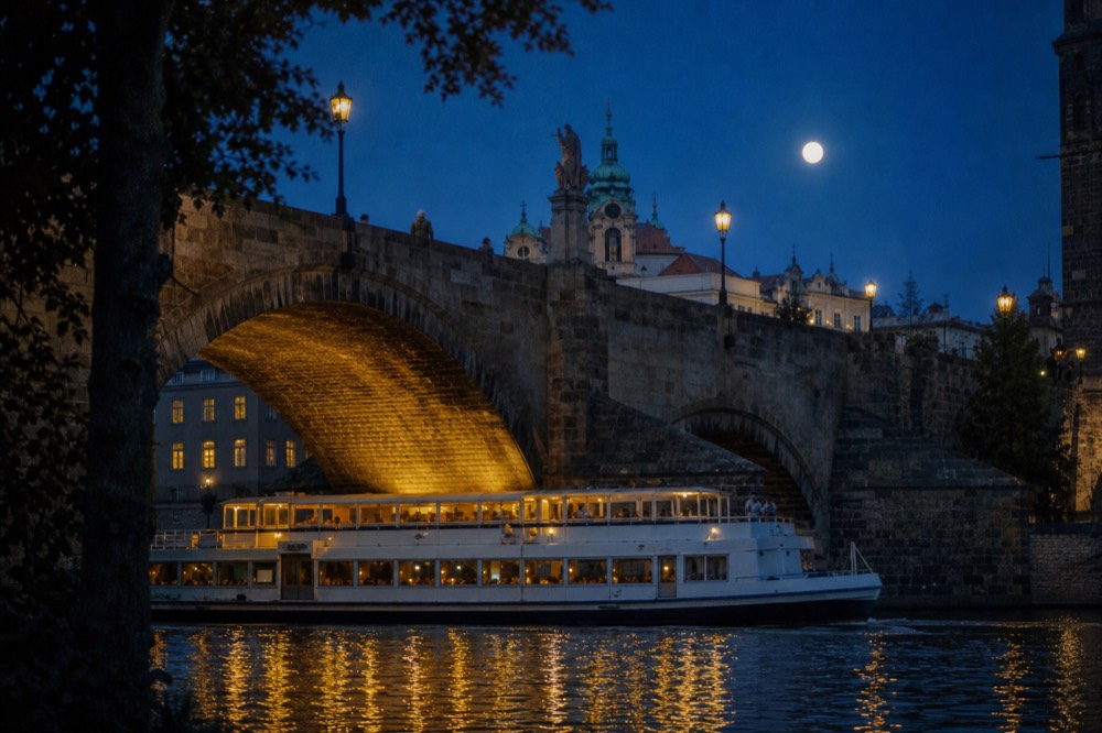 A cruise boat's lit windows passing beneath a stone bridge at night, a pale moon rising over the rooftops