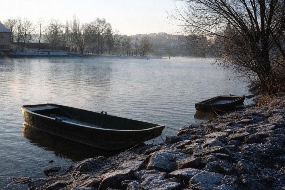 Frost along the riverbank stones and a misty Vltava in pale winter light, bare trees on the far bank
